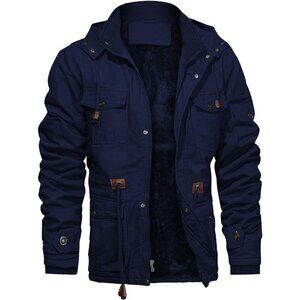 Mens Navy Thick Winter Jacket Hooded Fleece Lined Cotton Military Coat
